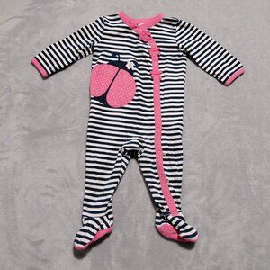 Gymboree 6-9M Full Snap Pink Ladybug Footie Navy White Striped Gripper Feet